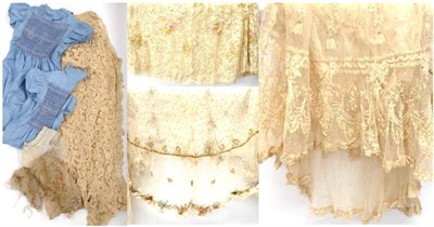 Lot 2092 - Edwardian Cream Tape Lace and Net Skirt Panel, embellished within the net with pink roses and green