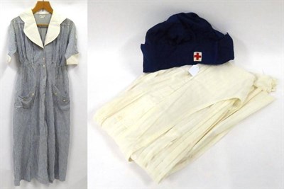 Lot 2094 - Early 20th Century ";A.R.C Canteen Red Cross Worker"; Navy and White Striped Cotton Dress and...