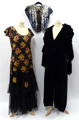 Lot 2100 - 1920's Full Length Evening Dress, the bodice to waist of black lamÅ½ with gold yellow, pink...