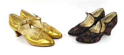 Lot 2101 - Pair of 1920's Gold Coloured Leather T-Bar Evening Shoes, with diamante buckle, cut out design...