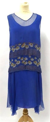 Lot 2102 - Mid-1920's Royal Blue Chiffon Dress, with an under layer of silk to which is attached to...