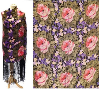 Lot 2104 - 1920's LamÅ½ Shawl, floral design in vibrant shades of graduating pinks, lilacs and gold on...