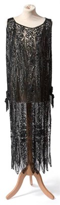 Lot 2106 - 1920's Black Sequin and French Jet Decorated Flapper Dress, with jet embellished tassel mounts...