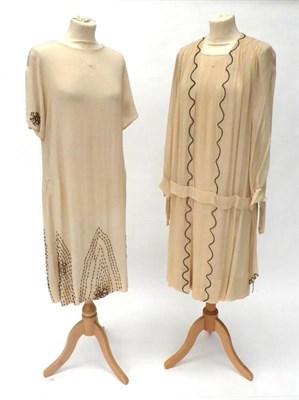 Lot 2108 - 1920's Cream Chiffon Long Sleeved Flapper Dress, with grey meandering stitching framing a...