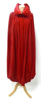 Lot 2109 - 1920's Vibrant Cherry Velvet Opera Cape, stand up ruched padded collar, further tie detail...