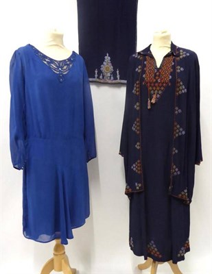 Lot 2113 - 1920's Navy Blue Silk Crepe De Chine Sleeveless Day Dress with Matching Long Sleeved Jacket,...