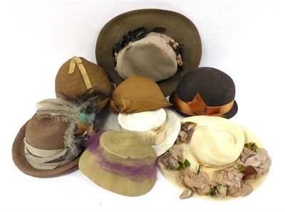 Lot 2115 - Assorted 1920's and Later Hats, comprising a 1920's straw light brown cloche; grey straw...