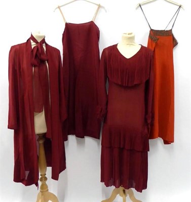 Lot 2116 - 1930's Plumb Chiffon Long Sleeved Dress and Matching Chiffon Coat, narrow pleated detail to...