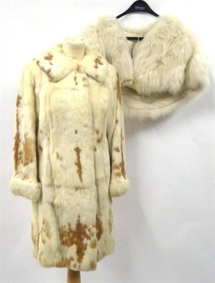 Lot 2125 - Cream French Lop Rabbit Fur Long Coat, with light brown markings, attached fur band to verso...