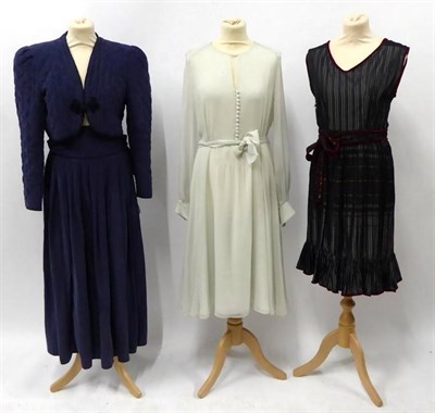 Lot 2128 - Beulah, London Pale Duck Egg Silk Dress, long sleeves with multi pleat and buttoned cuffs, the same