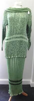 Lot 2136 - Ian & Marcel Pale Green Multi Pleated Silk Two Piece with tunic style top, incorporating green...