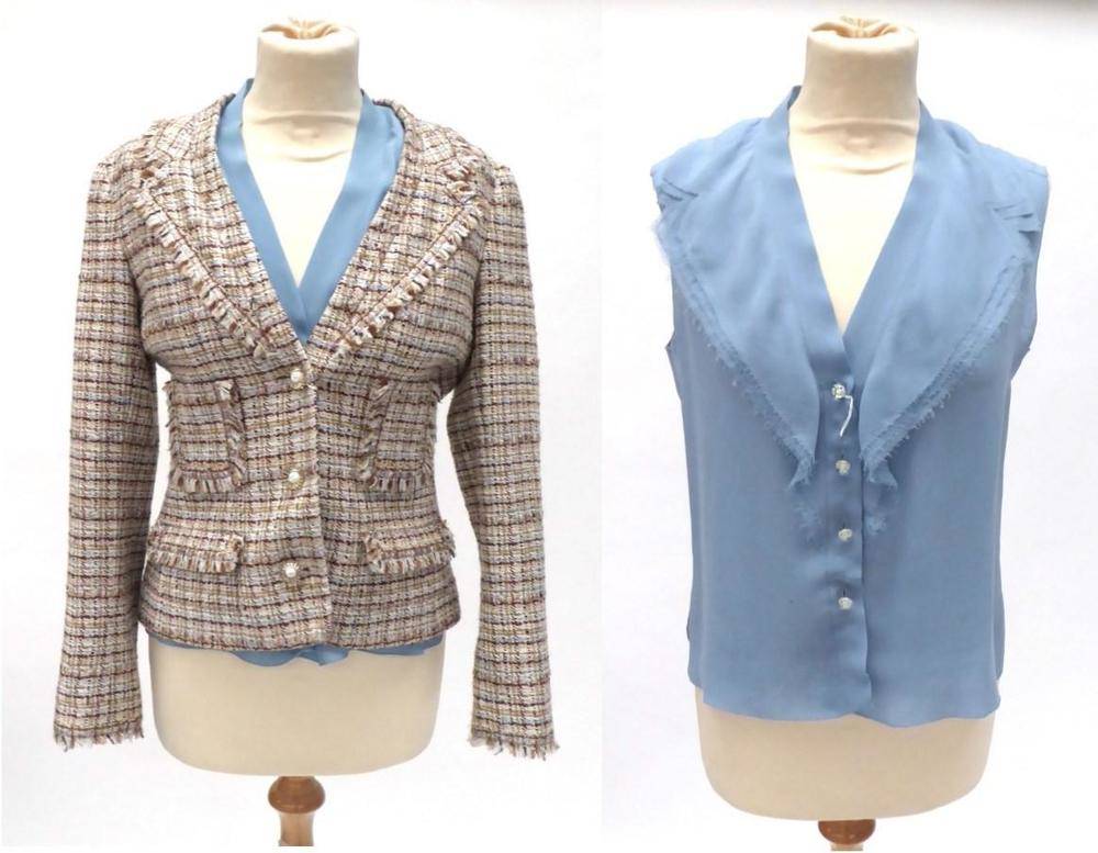 Lot 2138 - Chanel Brown, Cream and Blue Boucle Checked Jacket / Blazer, with two patch pockets, two flap...