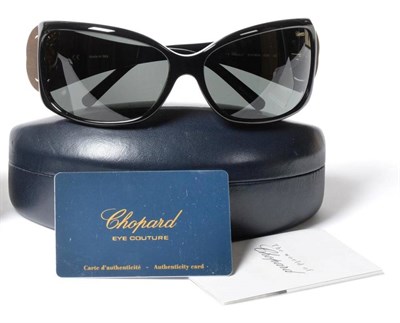 Lot 2147 - Pair of Ladies Chopard Black Sunglasses, with interlocking oval Swarovski crystal decorated...