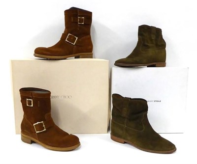 Lot 2155 - Pair of Jimmy Choo Tan Suede Leather Ankle Boots, with gilt metal buckles (size 38), with box;...