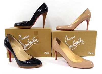 Lot 2157 - Pair of Christian Louboutin Nude Patent Leather Stiletto Pumps (size 38.5), with box and dust...