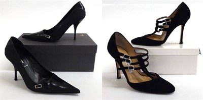 Lot 2161 - Pair of Manolo Blahnik Black Suede Stiletto Mary Jane Shoes, with triple strap and buckle fastening