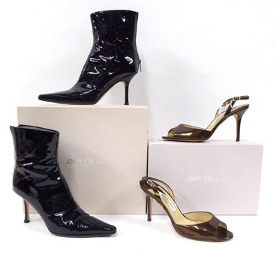 Lot 2164 - Pair of Jimmy Choo Black Patent Leather Stiletto Ankle Boots (size 39), with box and dust bag;...