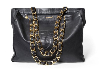 Lot 2183 - Chanel Black Leather Rectangular Tote Bag, with quilted interlocking 'CC' motif to the from and...