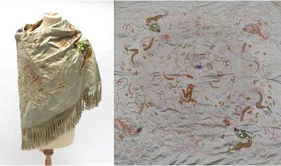 Lot 2188 - Late 19th Century Chinese Silk Square Table Cover in Pale Green, with pale green silk backing...