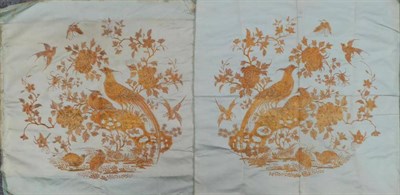 Lot 2189 - Pair of Late 19th Century Chinese Embroidered Silk Panels, gold coloured couch thread of eau de Nil