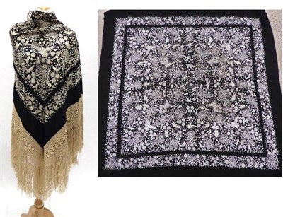 Lot 2192 - Late 19th / Early 20th Century Black Silk Shawl, Canton, densely embroidered in cream silks...