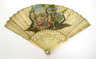 Lot 2195 - 18th Century Ivory and Paper Fan, with Biblical subjects, guards carved, inlaid with...