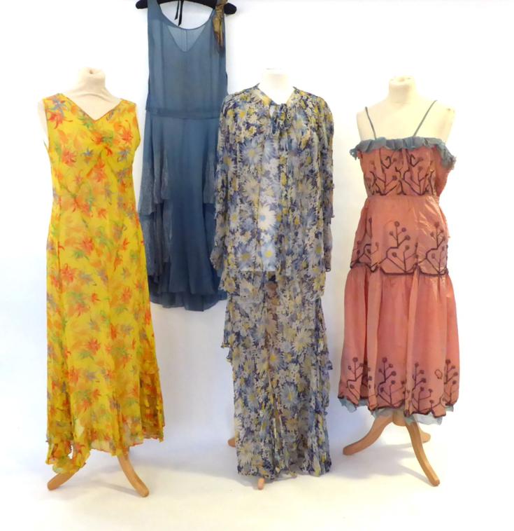 Lot 2112 - 1920s Floral Chiffon Cowl-Neck Dress and Jacket, in powder blue, navy and yellow floral design, the