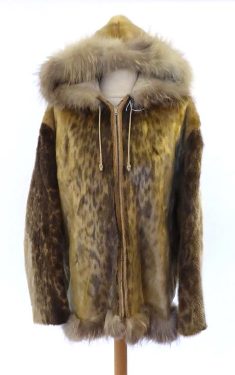 Lot 2249 - Ringed Seal Skin Inuit Style Hooded Parka Coat, trimmed with arctic fox trim to the hood and hem