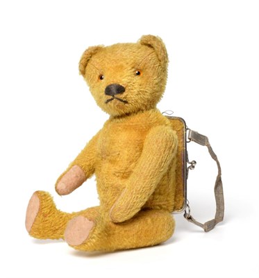 Lot 2005 - Circa 1920s Yellow Plush Jointed Teddy Bear Handbag, with stitched nose, amber and black eyes, felt