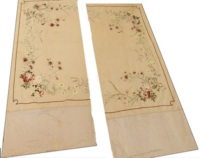 Lot 2008 - Pair of Silk Embroidered Panels/Pelmets of Floral Design, with roses, daisies, chrysanthemums...