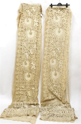 Lot 2009 - Pair of Late 19th Century French Cornelli Work Lace AppliquÅ½ Curtains, with large bold stump...