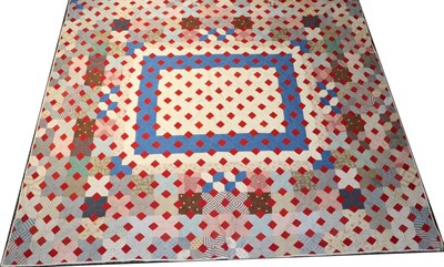 Lot 2023 - 19th Century Mosaic Patchwork Quilt, with central blue square interspersed overall with small...