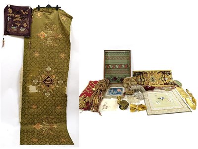 Lot 2034 - Assorted Embroidery and Haberdashery, including an ecclesiastical panel, worked on green silk...