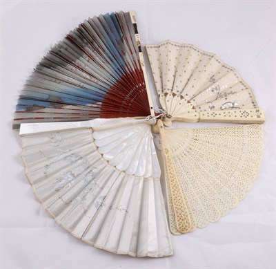 Lot 2043 - Early 20th Century Mother of Pearl Fan, with a silk leaf hand painted with a garland of flowers...