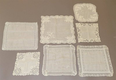 Lot 2044 - Seven Assorted 19th Century and Later Lace Trimmed Handkerchiefs, on white cotton, of varying sizes