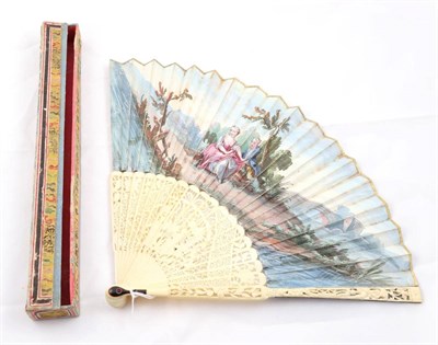 Lot 2048 - Late 19th Century Ivorine Fan, in the 18th century style, with pierced and carved sticks, showing a