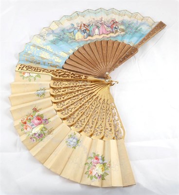 Lot 2049 - Early 20th Century Carved Gilt Wood Fan, with pierced sticks and guards, cream silk leaf mount hand