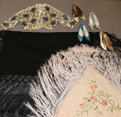 Lot 2069 - 20th Century Costume Accessories, including a black silk shawl embroidered with fruits to each...