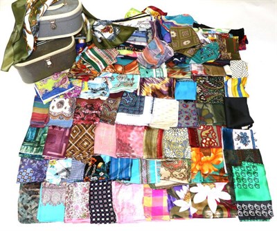 Lot 2078 - Assorted Mainly Silk and Rayon 1940s and Later Scarves, and two 1950s vanity cases