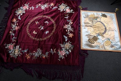 Lot 2089 - 20th Century Chinese Embroidered Cloth, in aubergine coloured silk decorated with colourful...