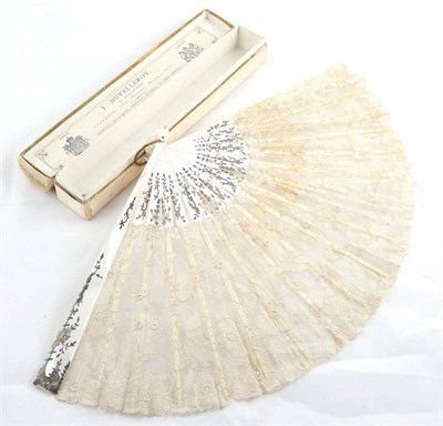 Lot 2097 - An Early 20th Century Brussels Point de Gaze Needlelace Fan, on gilded mother of pearl sticks...