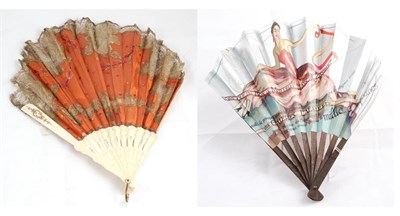 Lot 2098 - A 1920s Fontange Shape Bone Fan, with orange silk leaf trimmed with gold metallic lace, and applied