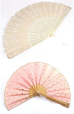 Lot 2102 - Circa 1860s Brussels Lace Fan, mounted on carved ivory sticks inlaid with steel, the bobbin...