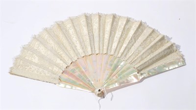 Lot 2104 - Brussels Mixed Lace Fan, on mother of pearl sticks and guards, the leaf of mainly bobbin...