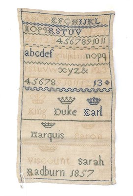 Lot 2111 - Unframed Sampler Worked by Sarah Redburn, Dated 1857, worked in cross stitch depicting various...