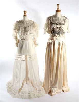 Lot 2120 - Edwardian Cream Tulle Two Piece, comprising fitted bodice with ribbon trims and full skirt;...