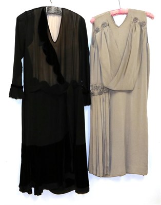 Lot 2129 - Circa 1920s Silk Georgette Drop Waist Dress, with long sleeves, lined with peach, and a silk velvet