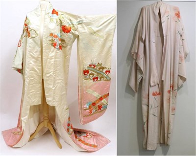 Lot 2131 - 20th Century Marriage Robe and a Circa 1940s Silk Kimono, self striped of floral design (2)