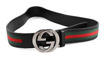 Lot 2147 - Gents Gucci Leather and Canvas Belt, with interlocking 'GG' silver tone buckle