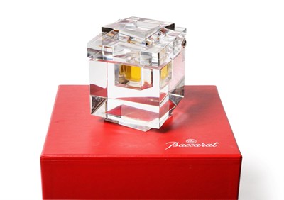 Lot 2170 - Circa 1990 Baccarat Clear Glass Scent Bottle Holder, of cube form on square base, with hinged cover